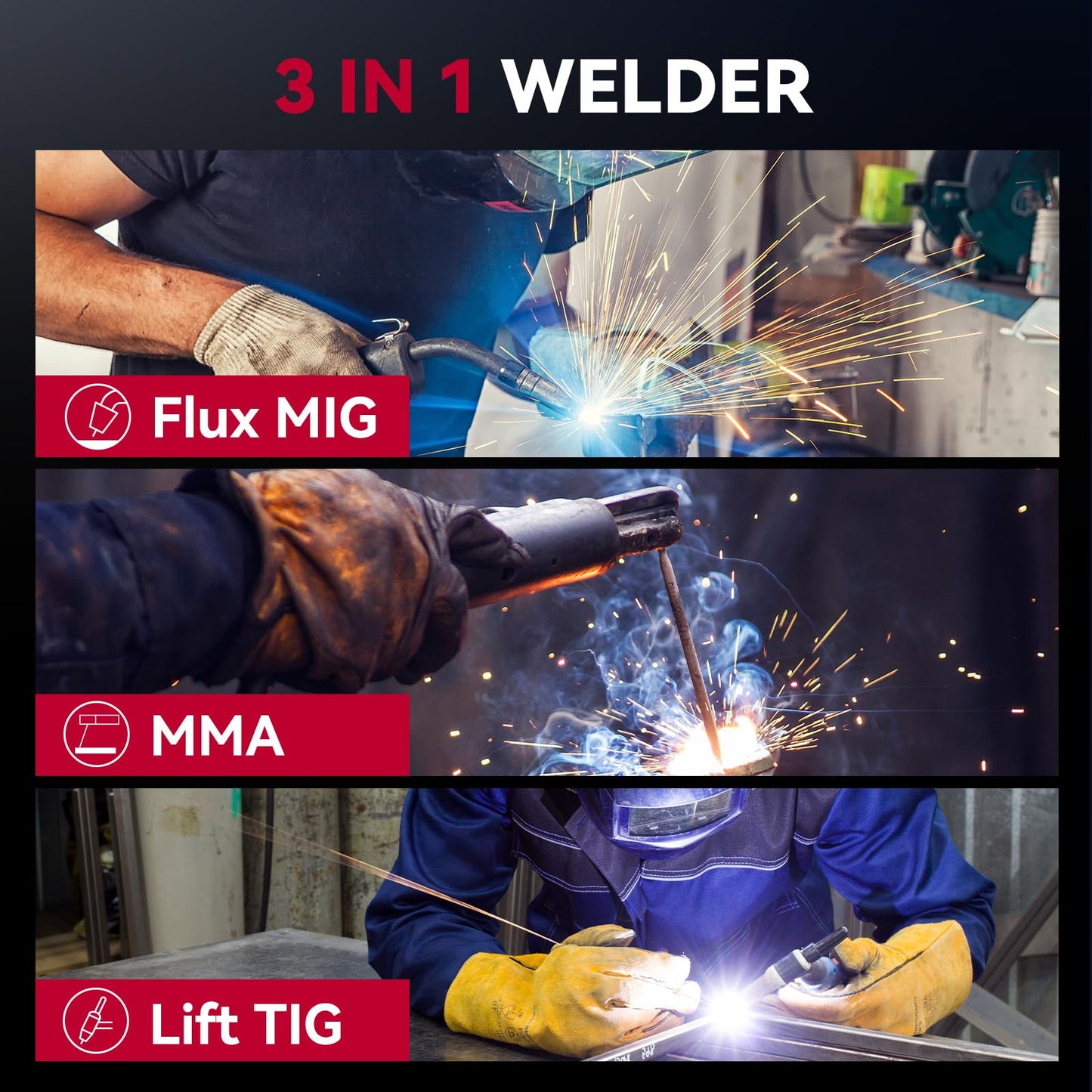 ARCCAPTAIN iControl MIG145 Pro 145A Flux Core MIG Welder 120V Welding Machine Gasless MIG Welder Flux MIG/MMA Stick/Lift TIG, 3 in 1 Welder Machine with Synergy, Portable Welder, APP Control