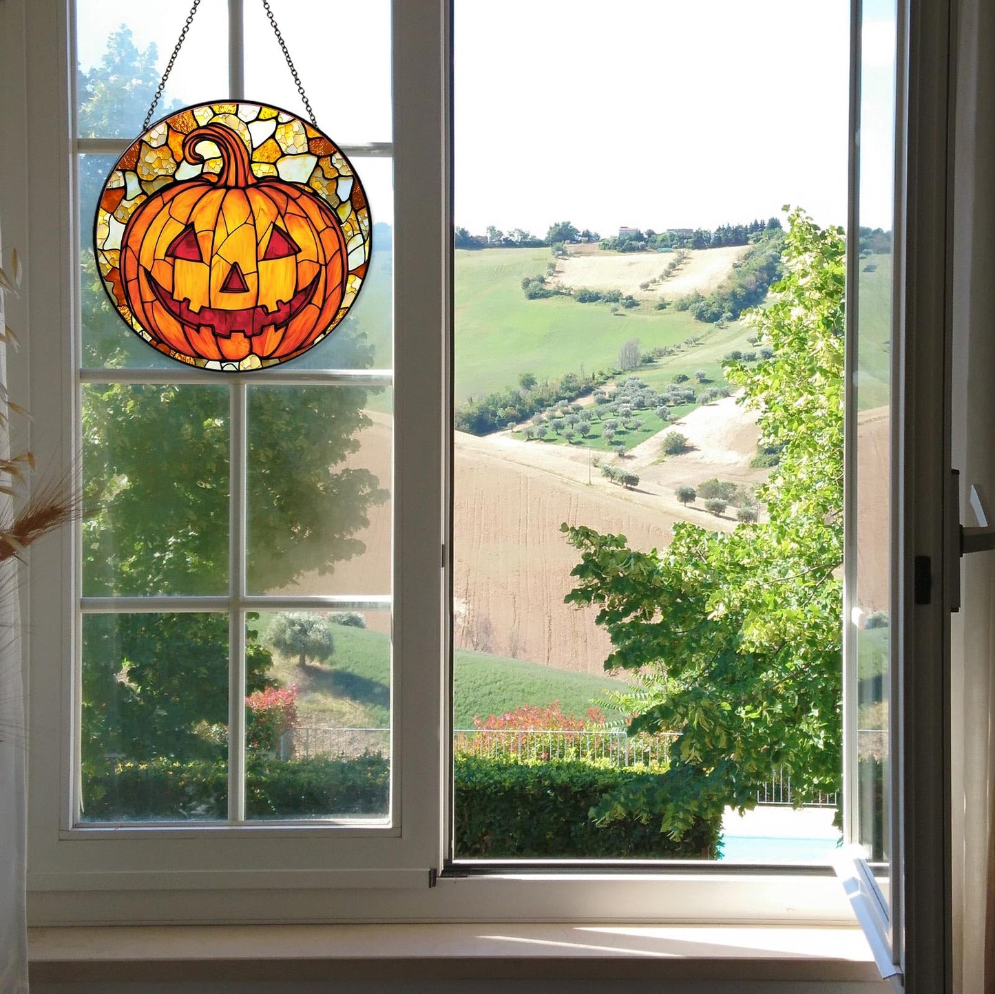 RVEAFA Pumpkin Stained Glass Window Hanging Horror Sun Catcher Decor Halloween Suncatchers for Garden Home Windows Hanging Decoration, 7.87inch
