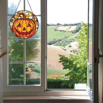RVEAFA Pumpkin Stained Glass Window Hanging Horror Sun Catcher Decor Halloween Suncatchers for Garden Home Windows Hanging Decoration, 7.87inch