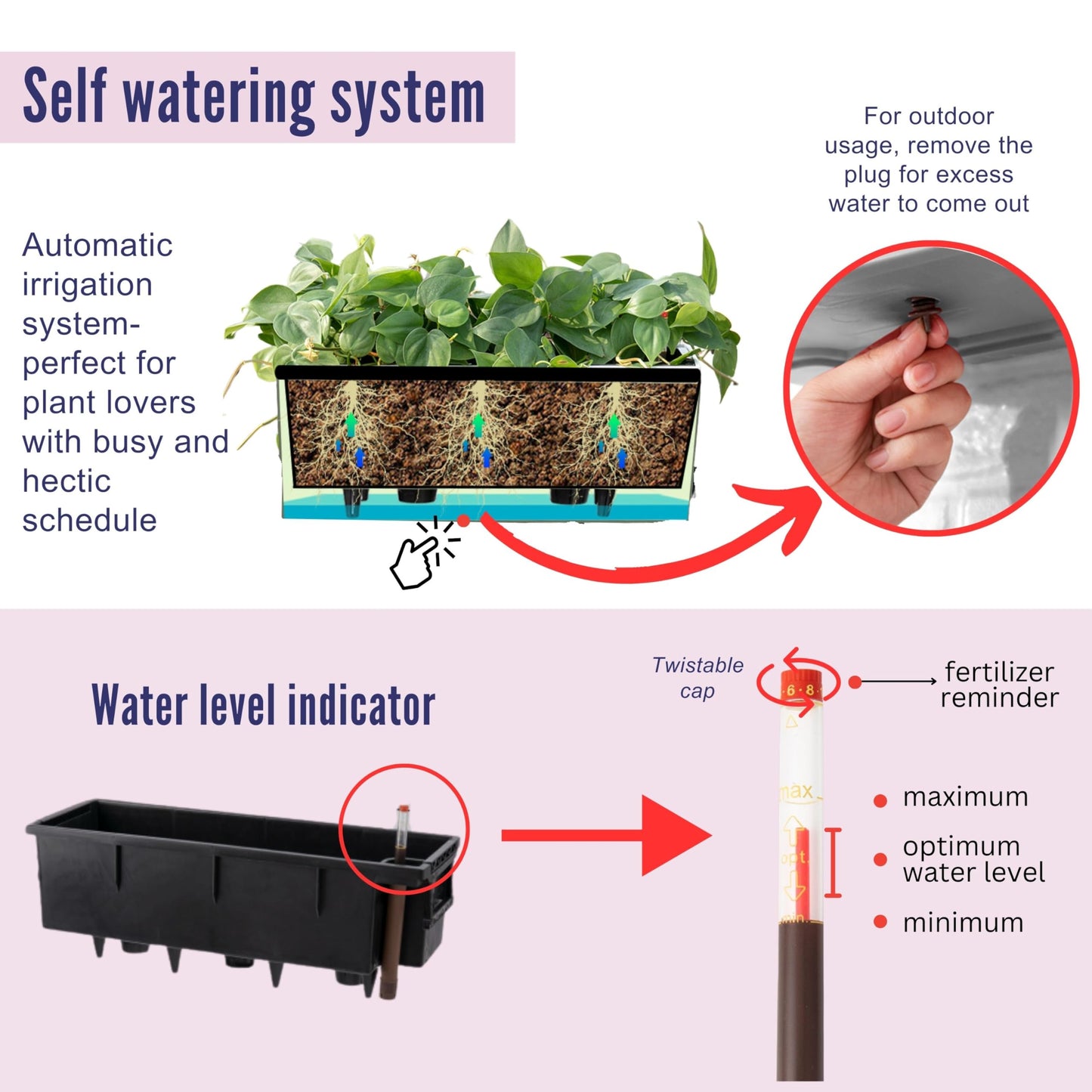 LaLaGreen Bundle- 4 Pack, 14 Inch Rectangular Self Watering Planter + 2 Pack, 11 Inch Round Self Watering Basket Rattan Style Balcony Flower Pot Window Wall Mount Plants Boxes Modern Home Garden Decor