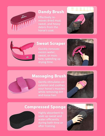 Shinewell Horse Grooming Kit, Complete Horse Brush Set, Equine Grooming Tools for Shedding & Daily Care Pink