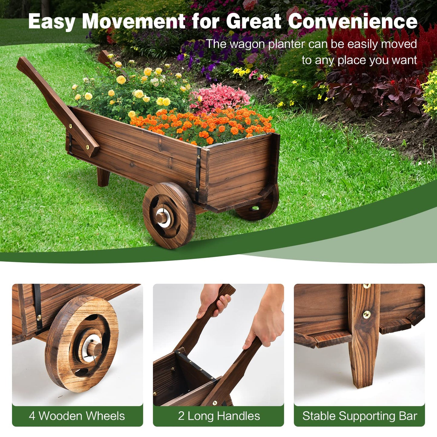 Giantex Wooden Wagon Planter Box, Decorative Wagon Cart with Wheels, Handles, Drainage Hole, Flower Planter Pot Stand, Rustic Flowerpot Planter, Indoor & Outdoor Garden Patio Balcony