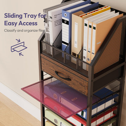 SWTYMIKI 9-Tier Rolling File Cart - Paper Organizer with Drawer and Trays, Wood Desk Office Organizer, Office Organization and Binder Storage for Workspace, Home, School, Espresso