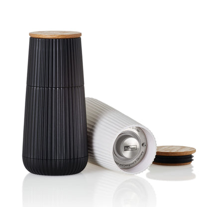 AdHoc Pepper and Salt Mill Set Scape, Black & White, CeraCut Ceramic Grinder, Plastic/Oak Wood, D: 5,8 cm, H: 12,3 cm