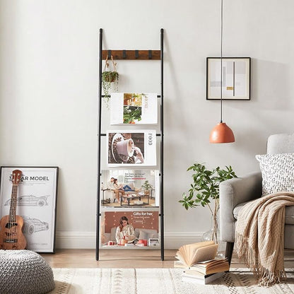 Blanket Ladder, 5-Tier with 4 Removable Hooks, Steel and Particleboard, Black, 17.3x63 Inch, Anti-Tip Kit Included