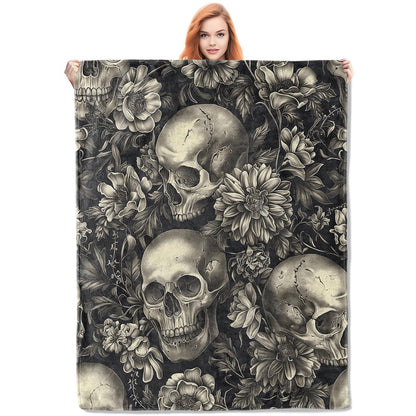 VANZEV Gothic Garden Skull Fleece Blanket Gifts, Dark Floral and Skeleton Design, Soft Throw 50x60 inches, Elegant Home Halloween Decor - Black and White