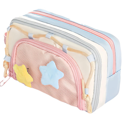 UIVXXUD Portable Multi-Layer Kawaii Star Pencil Case Organizer - Large Capacity Pencil Case with Compartments - Cute Pencil Pouch Functional Bag (Pink)