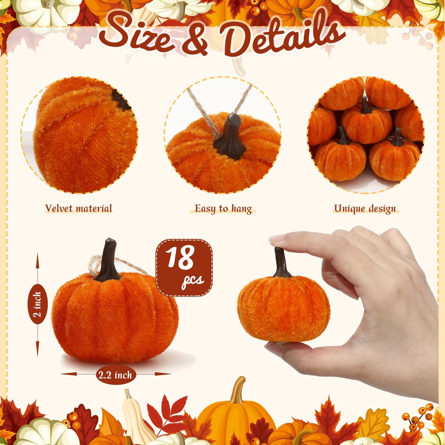 Whaline 18Pcs Fall Pumpkin Hanging Ornaments Velvet Fabric Pumpkin Ball Ornaments Thanksgiving Hanging Tree Decorations for Farmhouse Autumn Harvest Party Home Decor