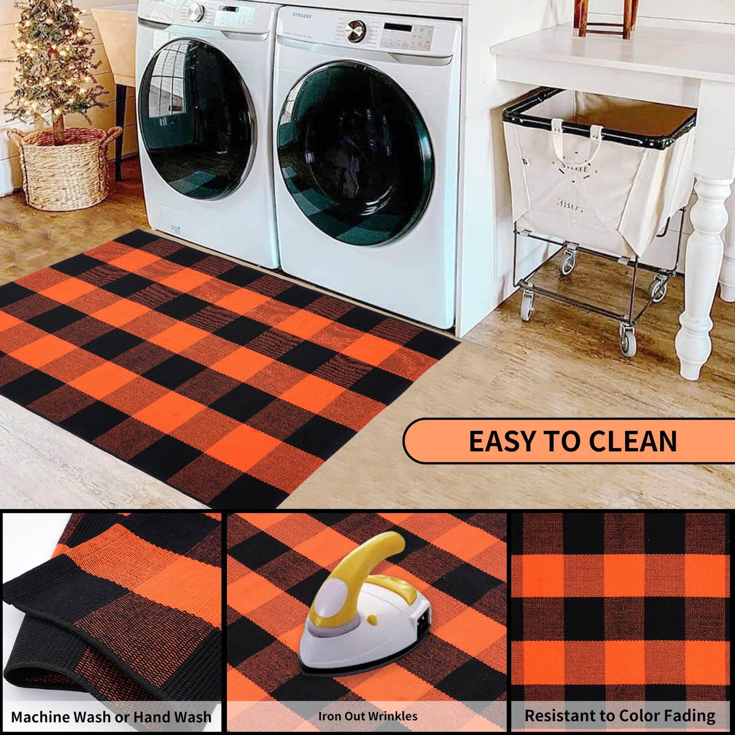 PIXFAIRY Cotton Orange and Black Plaid Rug - 27.5 x 43 Inches, Hand-Woven Indoor/Outdoor Layered Cotton Blend Buffalo Plaid Rug, Washable Front Door Mat, Perfect for Porch, Living Room, Entryway