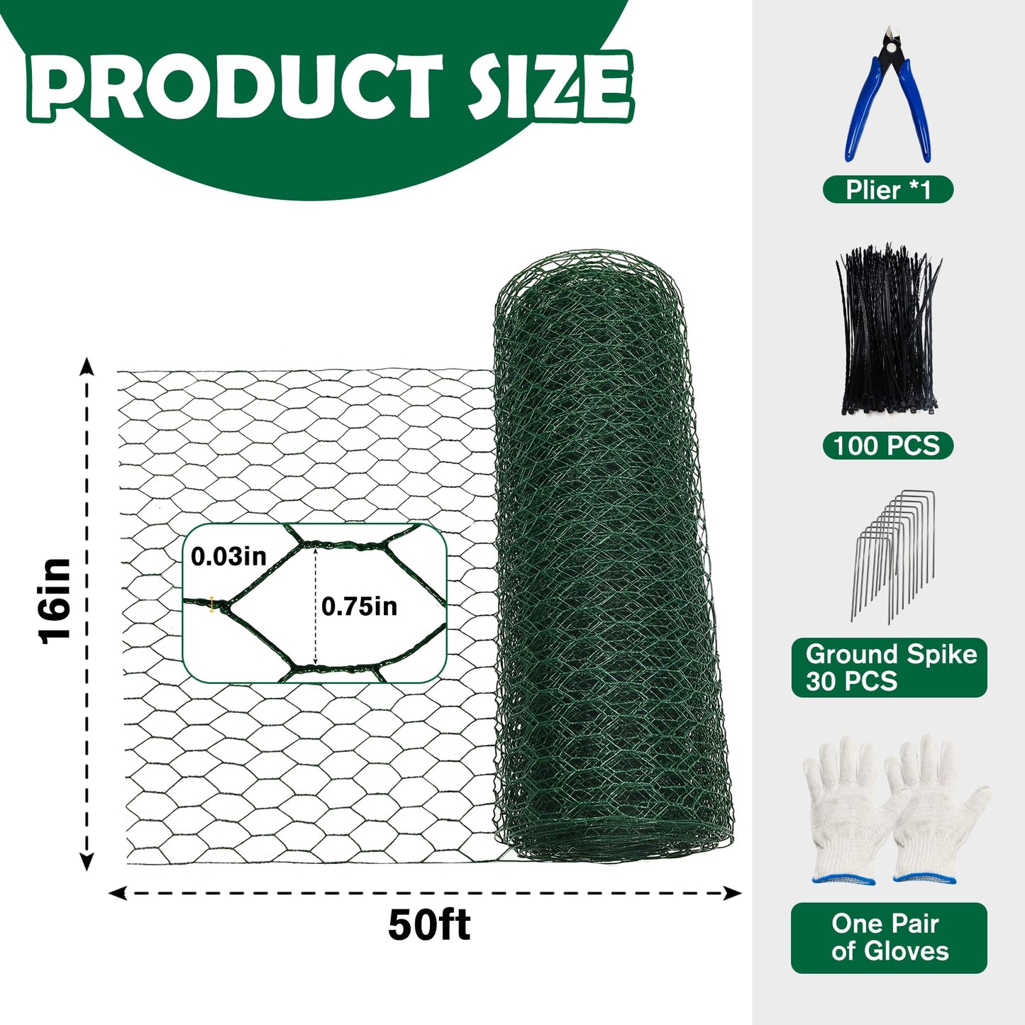 16 in x 50 ft Plant Protectors from Animals, Metal Mesh Plant Protector for Garden Plant Cages for Outdoor Plants with Ground Stakes & Cutting Plier