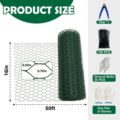 16 in x 50 ft Plant Protectors from Animals, Metal Mesh Plant Protector for Garden Plant Cages for Outdoor Plants with Ground Stakes & Cutting Plier