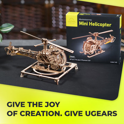 UGEARS Wooden 3D Puzzles for Adults - Easy Mini Helicopter Model Kit – Experience Aerial Innovation with Mechanical Puzzles DIY Kits for Adults - Ideal for Hobbyists, Aviation Enthusiasts - 167 Pcs