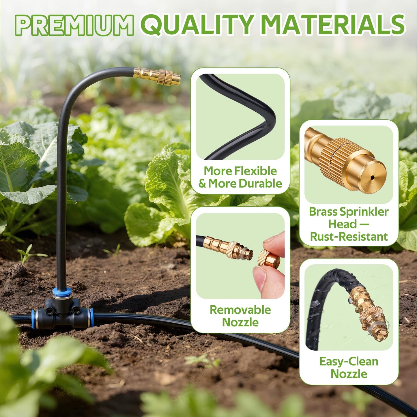 HIRALIY 360° Adjustable Drip Irrigation System 33FT, 1/4" Tubing with 5 Adjustable Copper Nozzles, Automatic Atomizing Watering Kit for Garden, Yard, Lawn, Greenhouse & Potted Plants