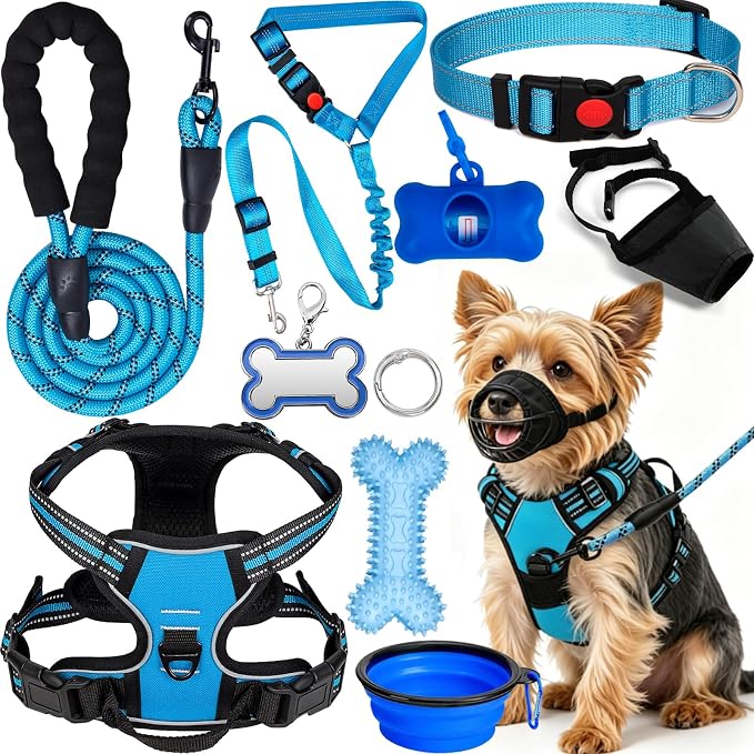 No Pull Dog Harness Adjustable Collar & Leash Set - Dog Halter Harnesses Collapsible Bowls & Poop Bag Dispenser Muzzle ID Tags Toys Fits Small Medium Large Dogs (Blue-S)