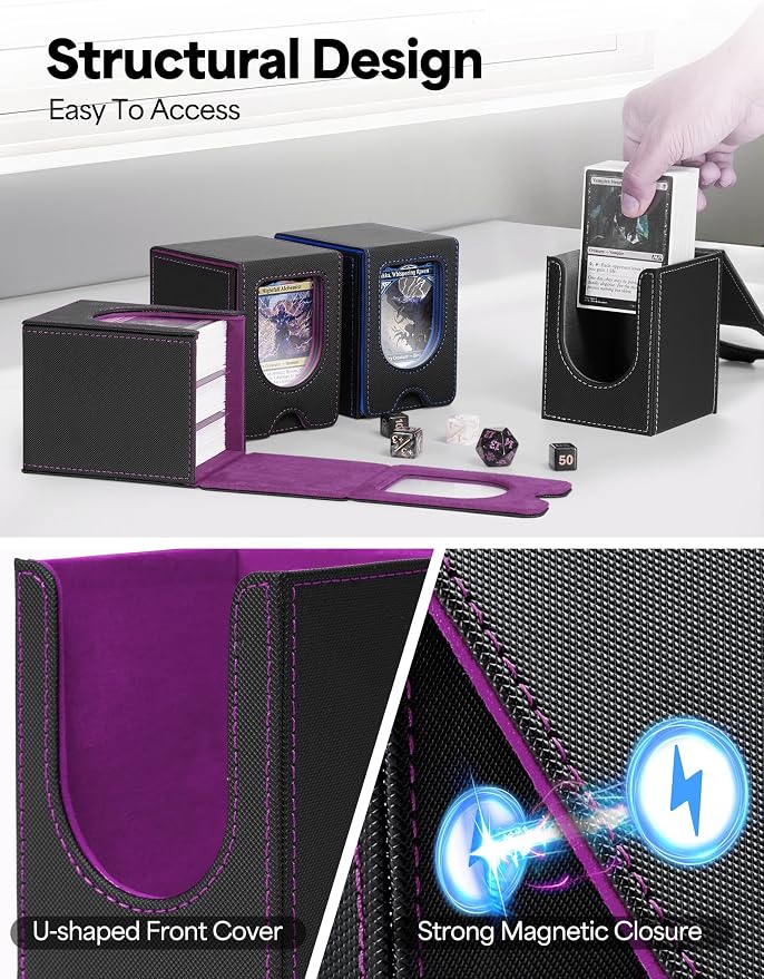 Card Deck Box for MTG Commander, Card Case Holds 100+ Double-Sleeved Cards, Magic Card Box Fits for TCG/PTCG/CCG Card with 2 Dividers (Black&Purple)