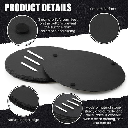 Uiifan 6 Pcs 11 Inch Round Slate Cheese Boards Round Black Stone Plates for Wedding Day Charcuterie Board Cheese Platter Serving Stone Tray Soapstone Chalk for Meats Appetizers Dried Fruit Party Gifts
