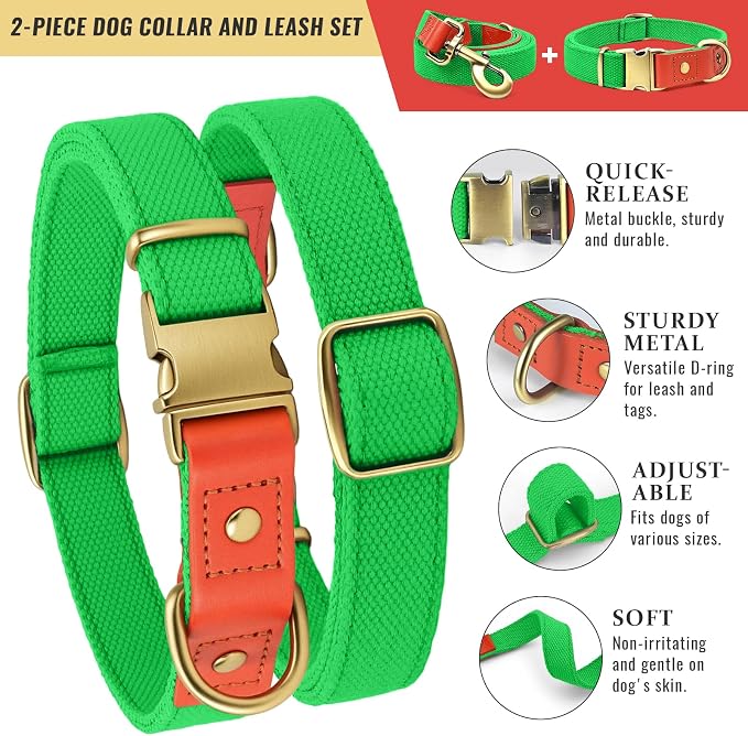 Dog Collar and Leash Set with Metal Quick Release Buckle, Adjustable, Breathable Nylon, Durable, Soft and Comfortable, No Pull for Walking and Training, Fluorescent Green, XL (16.9"-26")