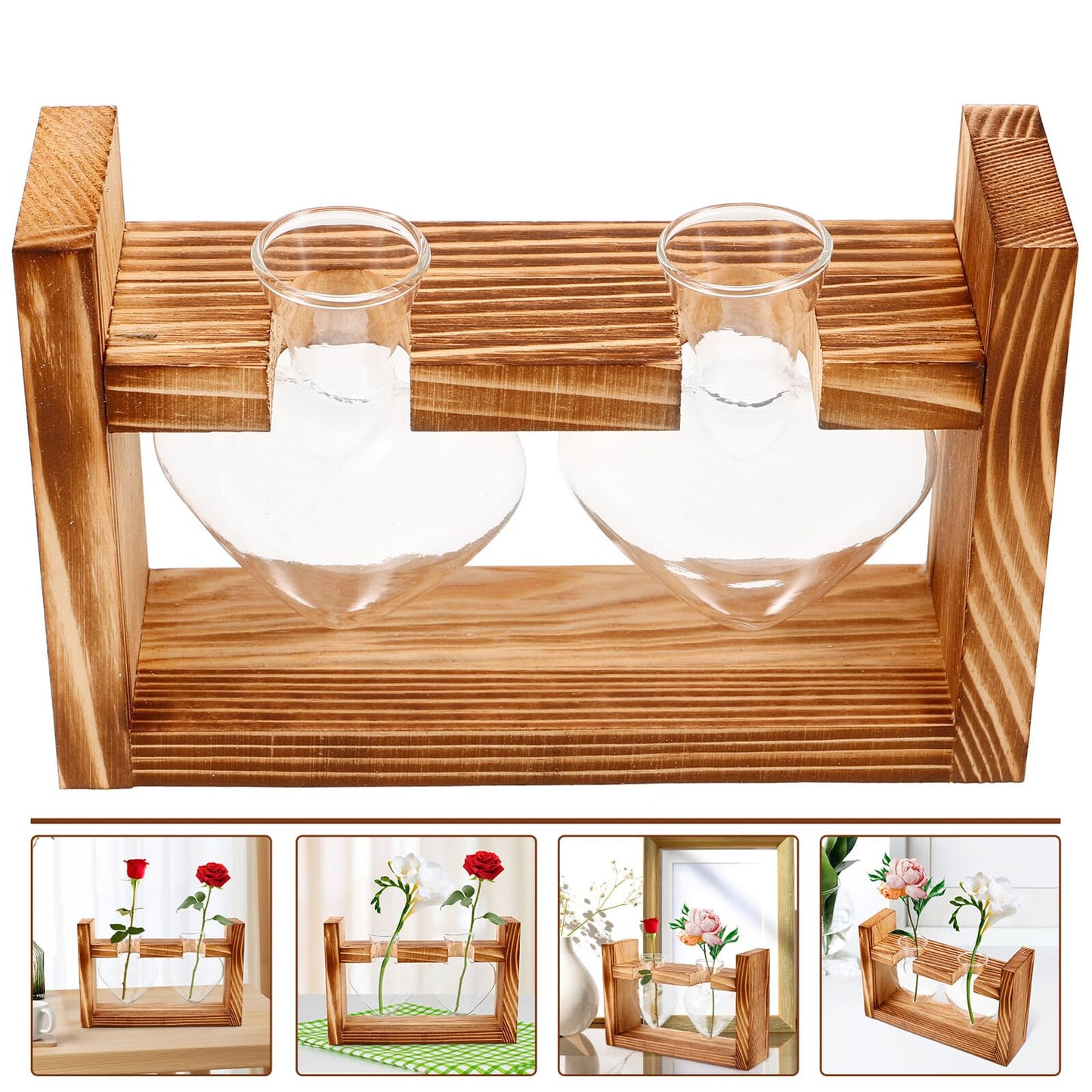 Unomor Wooden Stand Glass Terrarium Plant Holder Heart Shaped Vase Hydroponic Indoor Garden Decor with 2 Glass Containers for Home Office