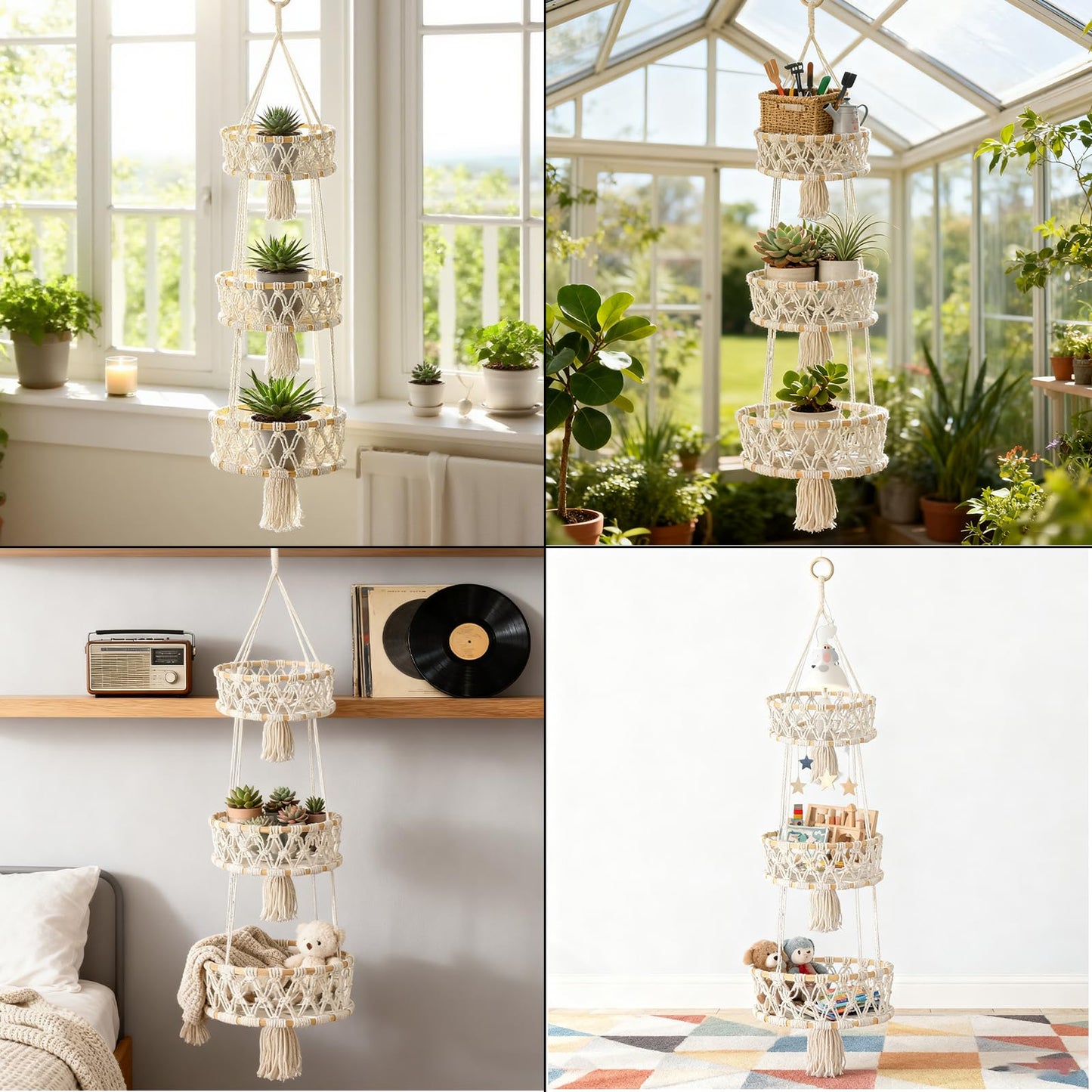 MuuXii 3 Tier Hanging Fruit Basket, Macrame Hanging Basket for Fruit and Vegetable Storage, Cotton Rope Woven Baskets, Boho Wall Baskets Organizing Hanging Plant Holder for Indoor Kitchen Decor