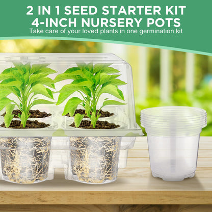 Vesici 10 Pack Seed Starter Tray Kit Seedling Starter Trays with 60 Pcs 4 Inch Nursery Pots and Humidity Dome (60 Cells) Mini Greenhouse Plant Germination with Labels for Garden(Clear)