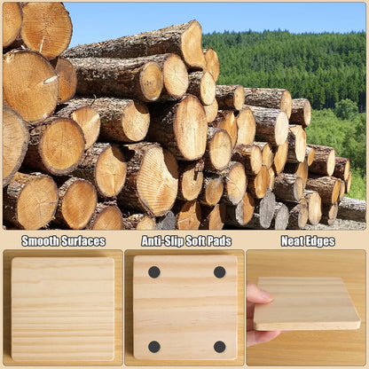 24 PCS Unfinished Square Wood Coasters, SIJDIEE 4 Inch Blank Wooden Coasters for Craft with Non-Slip Foam Pad Stickers for DIY Stained Painting Wood Laser Engraving Home Decoration Supplies