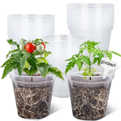GREANER 7 Inch Transparent Plastic Garden Pots, 6 Inch Black Plant Pot Holders, 15 PCS Clear Plant Pots with Drainage Holes, 6 PCS Wall Mounted Pot Hook Bracket for Balcony, Home, Garden, Yard