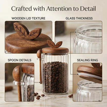 Splotiva Glass Coffee Canister with Wooden Lid & Spoon, Airtight Food Storage Jar for Coffee, Sugar, Salt, Tea & Snacks (17floz x 2)