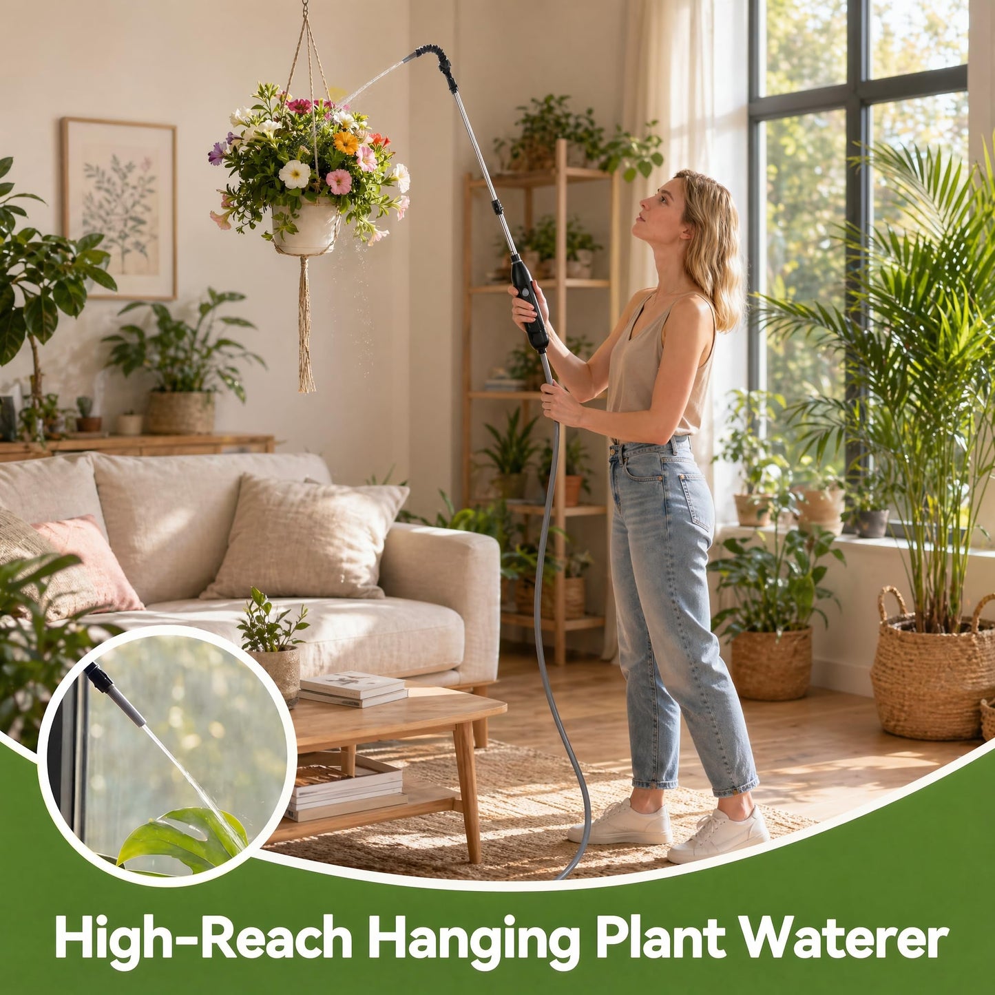 High Reach Electric Plant Waterer for Indoor Hanging Plants, Telescoping Indoor Water Sprayer Wand with Pump, 180° Adjustable Watering Nozzle High Flow Leakproof Design