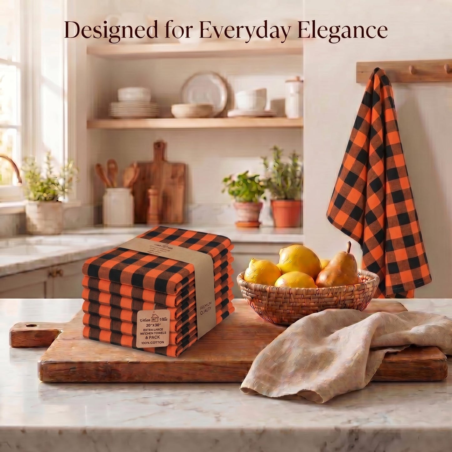 Urban Villa Halloween Kitchen Towels Set of 6 Dish Towels Size 20''x30'' Buffalo Checks Orange/Black 100% Cotton Highly Absorbent Quick Drying Dish Cloths & Dish Towels with Hanging Loop Tea Towels