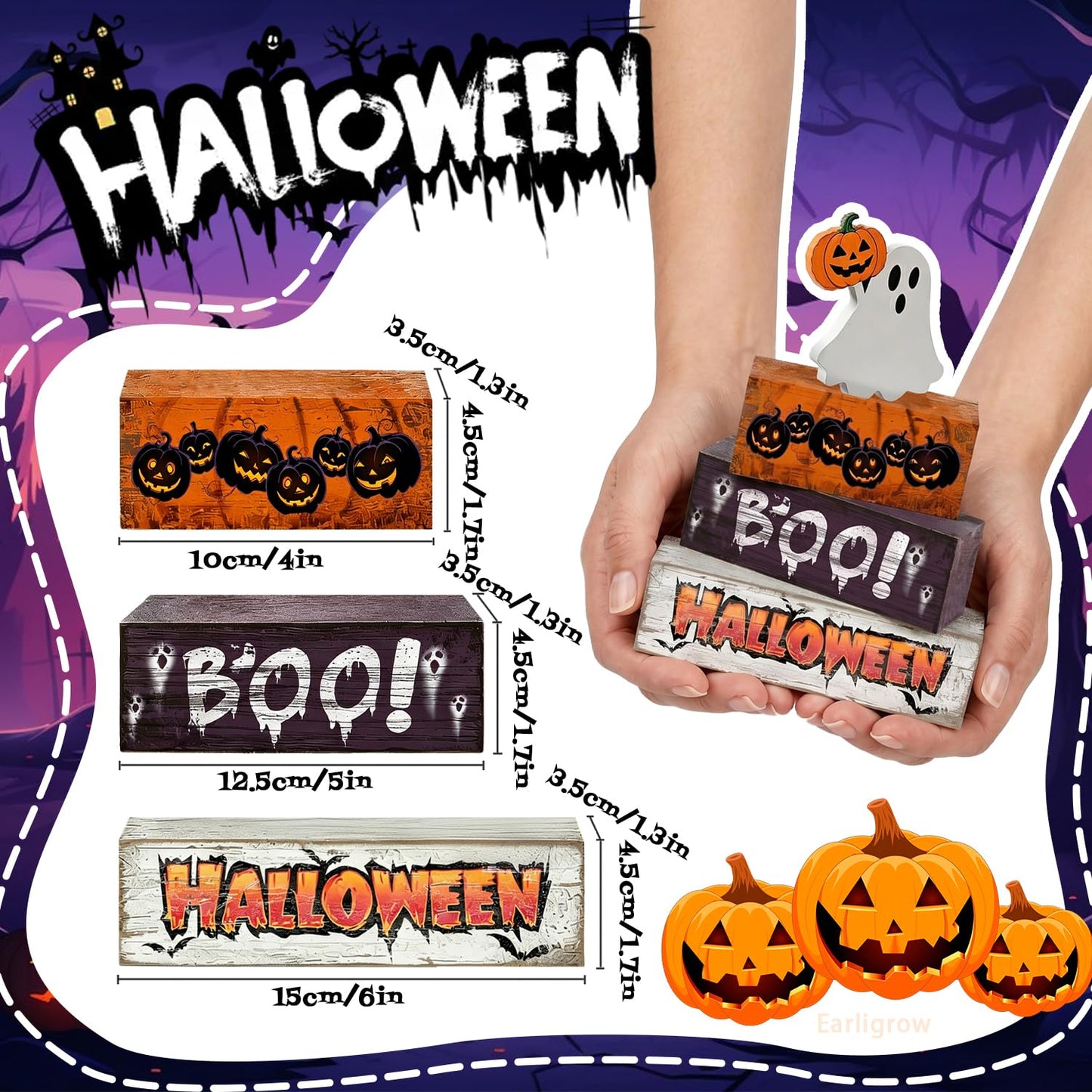 4 Pcs Halloween Decor Wooden Ghost Pumpkin Tiered Tray Decorations Rustic Farmhouse Tabletop Centerpiece Boo Wood Block Sign for Home Kitchen Shelf Mantel Office Desk