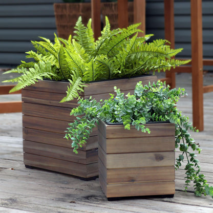 Sunnydaze Outdoor Wooden Planter Boxes - 2 Acacia Wood Square Plant Pots with Removable Liners - Anthracite Stain