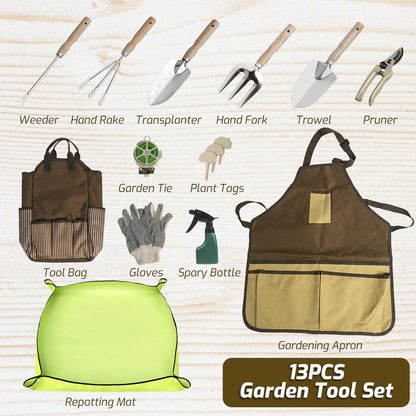 SMOOTHWIND 13-Piece Garden Tools Set with Tote Bag & Apron, Repotting Mat - Stainless Steel Heavy Duty Planting Kit, Ergonomic Non-Slip Handles - Gardening Gift for Women, Mom, Home Gardeners