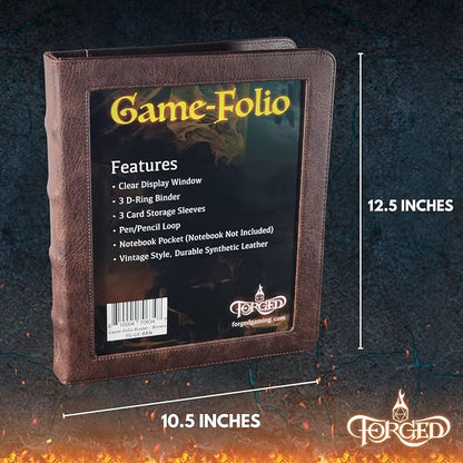 Forged Dice Co. Game-Folio PU Leather Portfolio Binder - Gaming Binder for DND Character Sheets with DND Spell Cards Organizer and Clear Front Pocket - Compatible with Dungeons and Dragons RPG - Blue