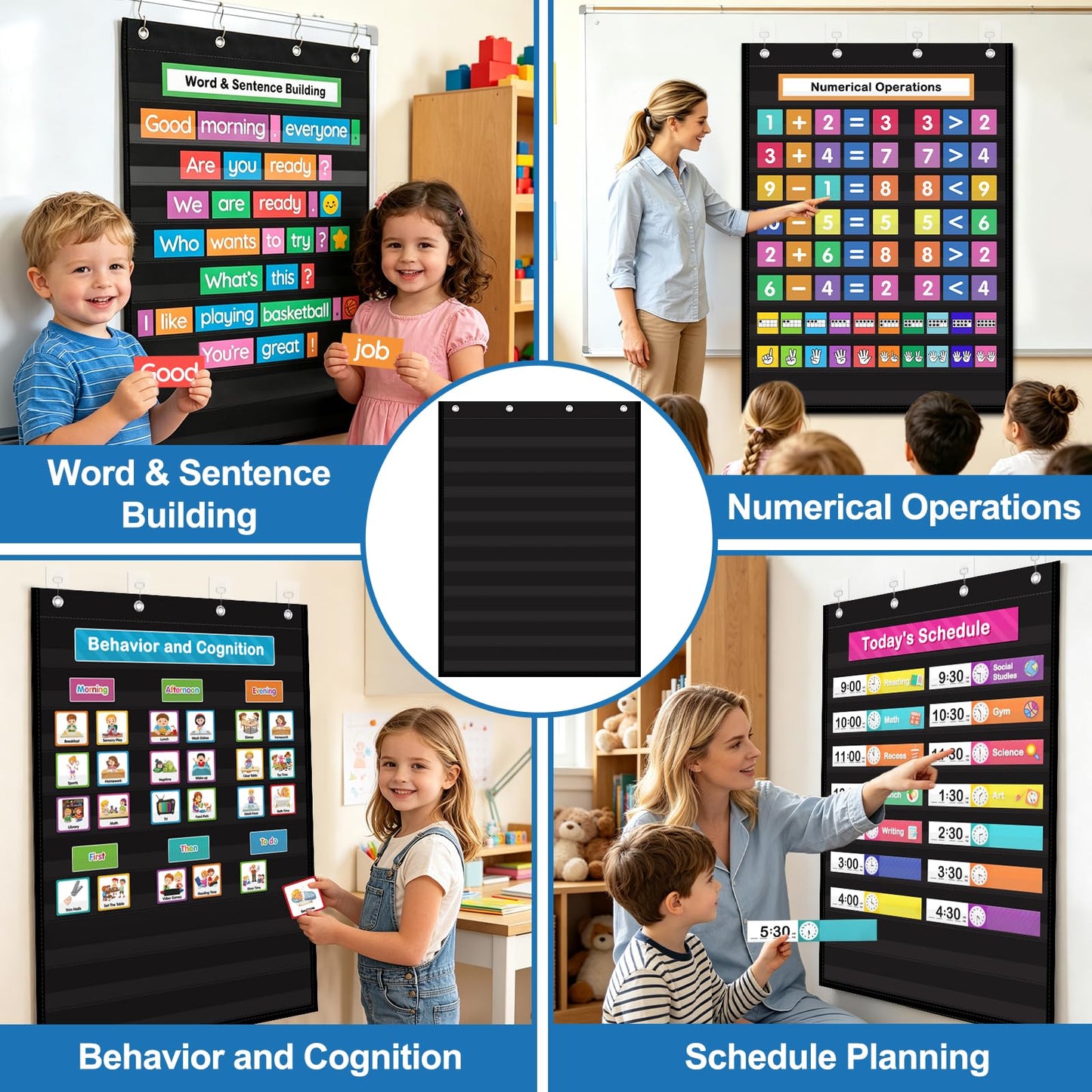 AUVCAS Standard Pocket Chart for Classroom & Homeschool, Heavy Duty Hanging 10-Pocket Chart for Word Wall/Letter Cards/Sentence Strips, Teacher Supplies, 43" H x 28" W, Black