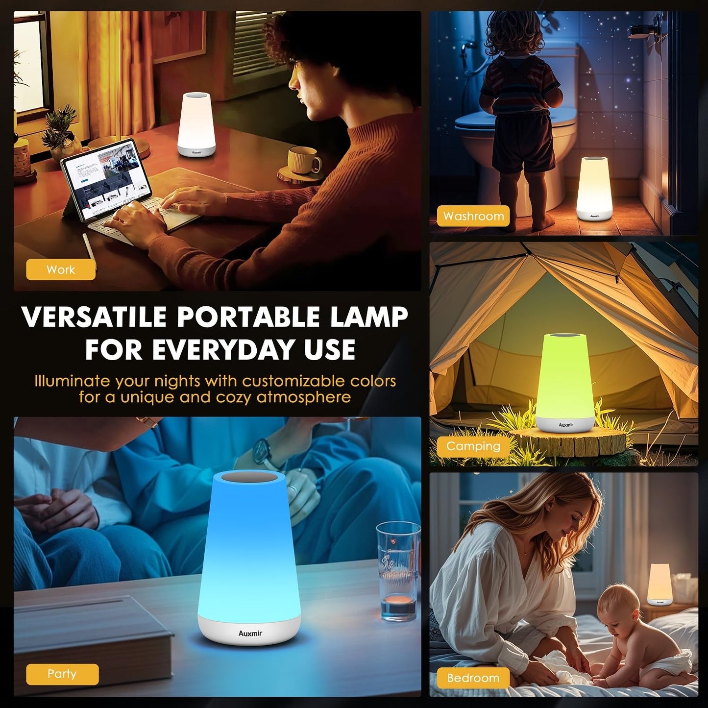 Auxmir LED Night Light Bedside Lamp Touch and Remote Control Dimmable Tabletop 13 RGB Colors Changing 5 Brightness Adjustable Rechargeable Portable Lamp for Baby Kids Nursery Bedroom Bathroom Camping