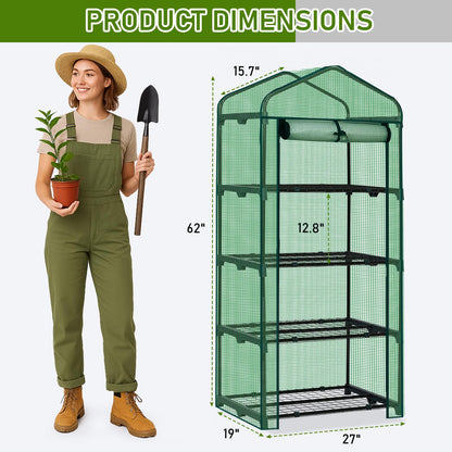 Outvita Mini Greenhouse, Small PE Plant Green House with 4 Tiers Rack, Shelf Clips, Roll-up Zipper Door, Gardening Supplies for Indoor Outdoor Seedling Frost Protection , 27"x19.6"x63" Green