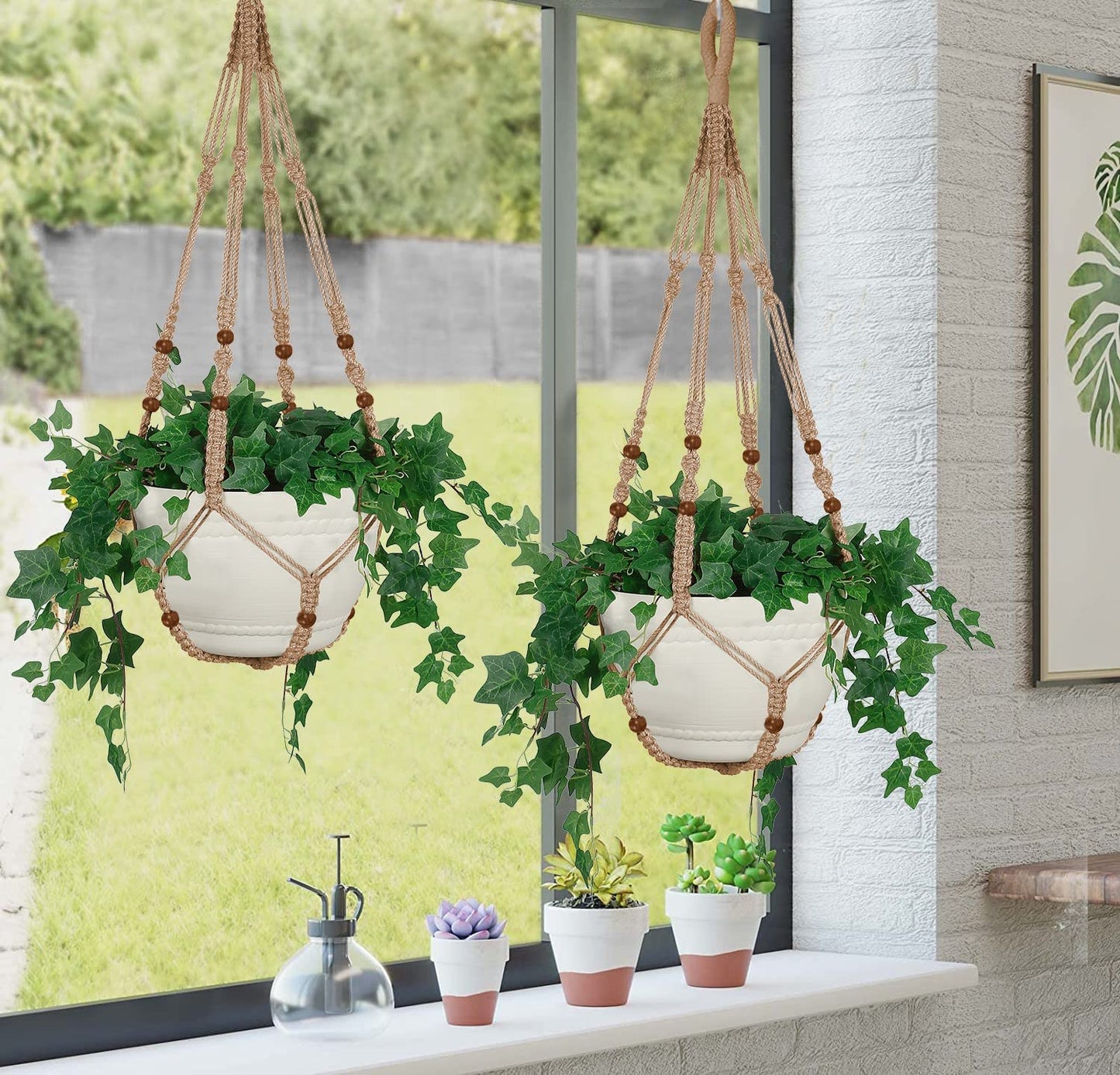 Shineloha 43 Inches Macrame Planter Hanger Large for 12 inch Pot + Swag Hook (Extra Long & Big) | Large Hanging Planter for Indoor Plants | No Tassel, Cotton Rope, NO Pot/Plant Included (Jute)(XL)