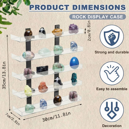 Novabright 5 Layer Acrylic Clear Rock Display Shelves for Wall Floating Shelves Organizer for Stone Collection 11.8" Rock Display for Stone Minerals Gemstones Crafts Figure Perfume for Living Room