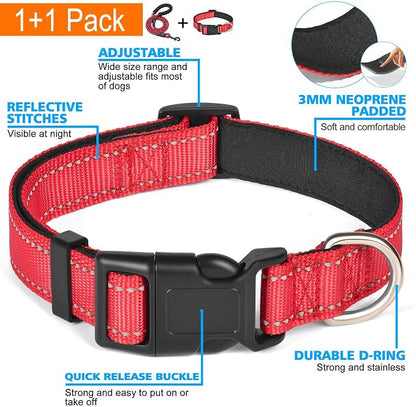 Ladoogo Reflective Dog Collar Padded with Soft Neoprene Breathable Adjustable Nylon Dog Collars for Small Medium Large Dogs (Large (Pack of 1), Red Collar+Leash)