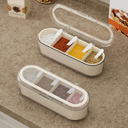 Buachois 4 Dividers Condiment Pot with 4 Spoons, PP and PET Container Condiment Box with Lid for Store Salt Cinnamon Cumin Parsley Flakes