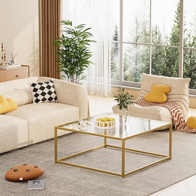 Glass Coffee Table, Small Square Coffee Table for Living Room,Simple Modern Center Tables for Small Spaces, Gold Living Room Tea Tables Easy Assembly,26 * 26in（Gold & Clear Glass）
