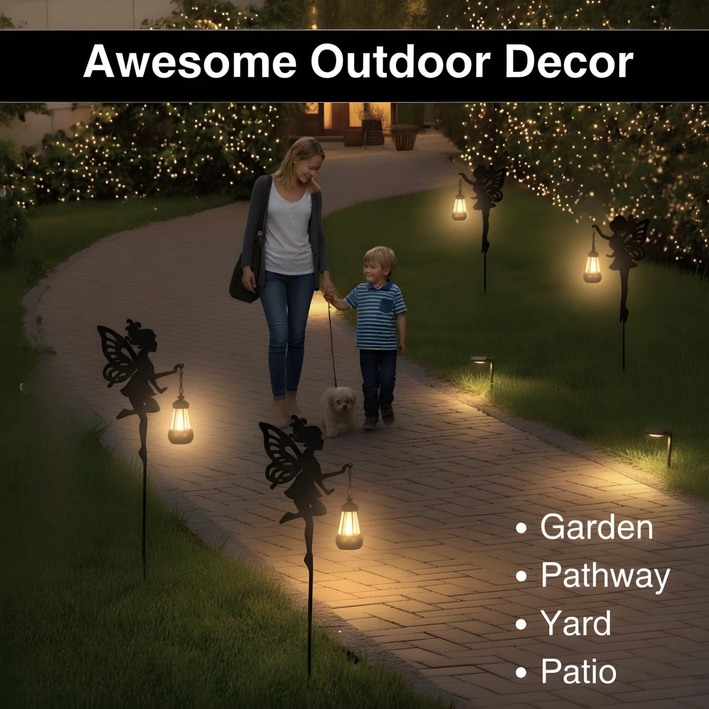 Solar Fairy Garden Accessories Outdoor 1 Pair - Metal Stakes Decorative Figurines Housewarming Ornament for Patio, Lawn, Yard, Pathway - Unique Gift Ideas for Mom Grandma (Warm Lighting)