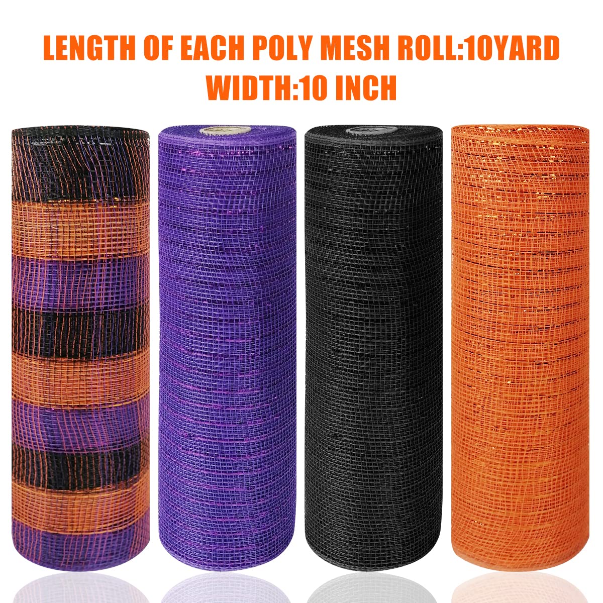 Cieovo 4 Roll Poly Mesh Ribbon, Black Purple Orange Wired Edge - 10 Inch x 30 ft for Halloween Craft Wreaths