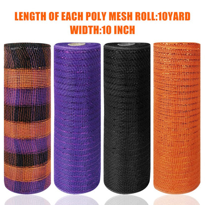 Cieovo 4 Roll Poly Mesh Ribbon, Black Purple Orange Wired Edge - 10 Inch x 30 ft for Halloween Craft Wreaths