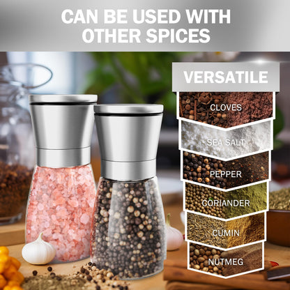 Home EC Original Stainless Steel Sea Salt and Pepper Grinder Set of 4 - Adjustable Ceramic - Glass Salt and Pepper Shakers Mills - Modern Kitchen Spice Mill W/Funnel & EBook