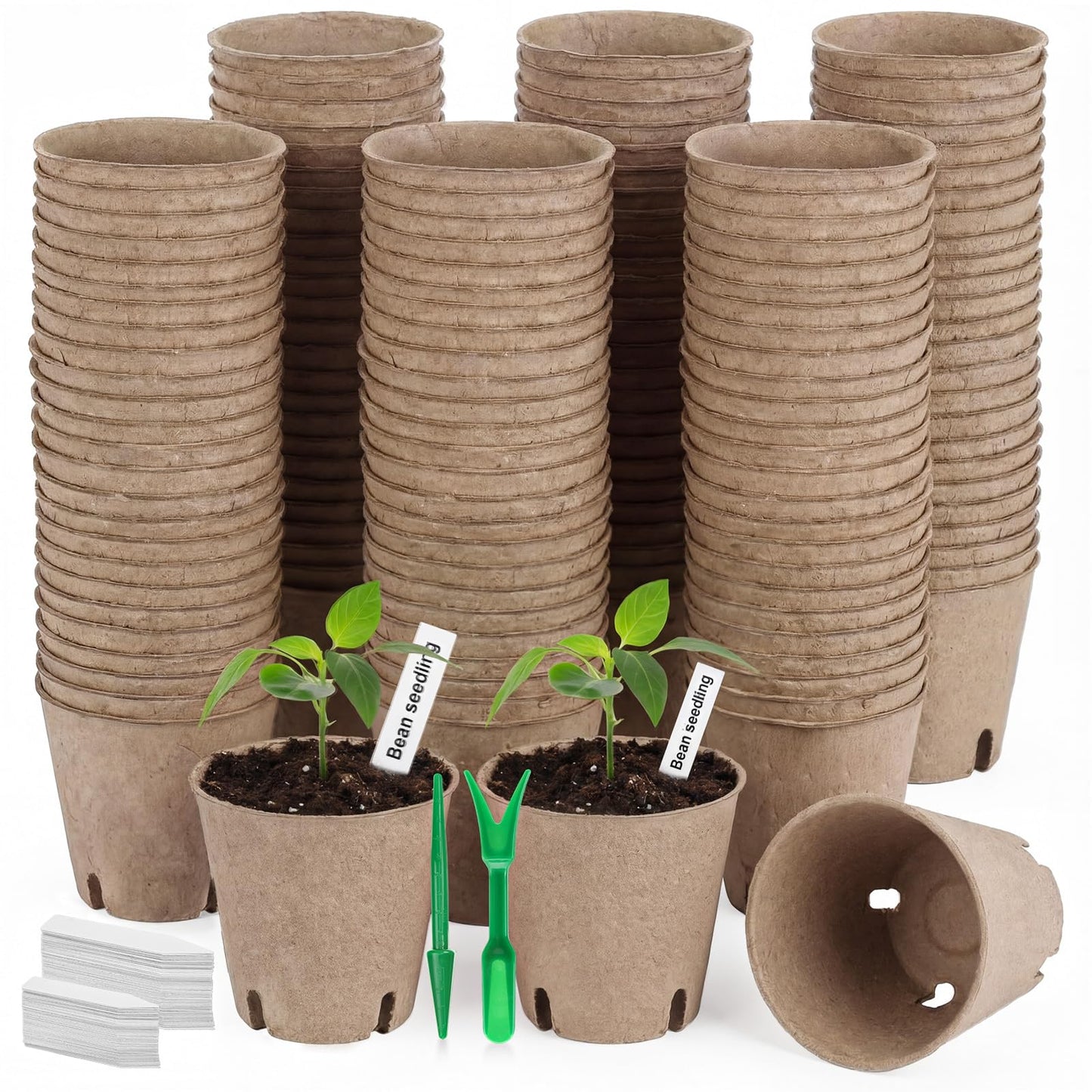Ferrochef 240 Pcs 3.15 Inches Plant Seedling Starters Kit Peat Pots Round Plant Starter Pots with Drainage Holes Garden Germination Nursery Transplant Pot with 240 Labels and 2 Transplant Tool