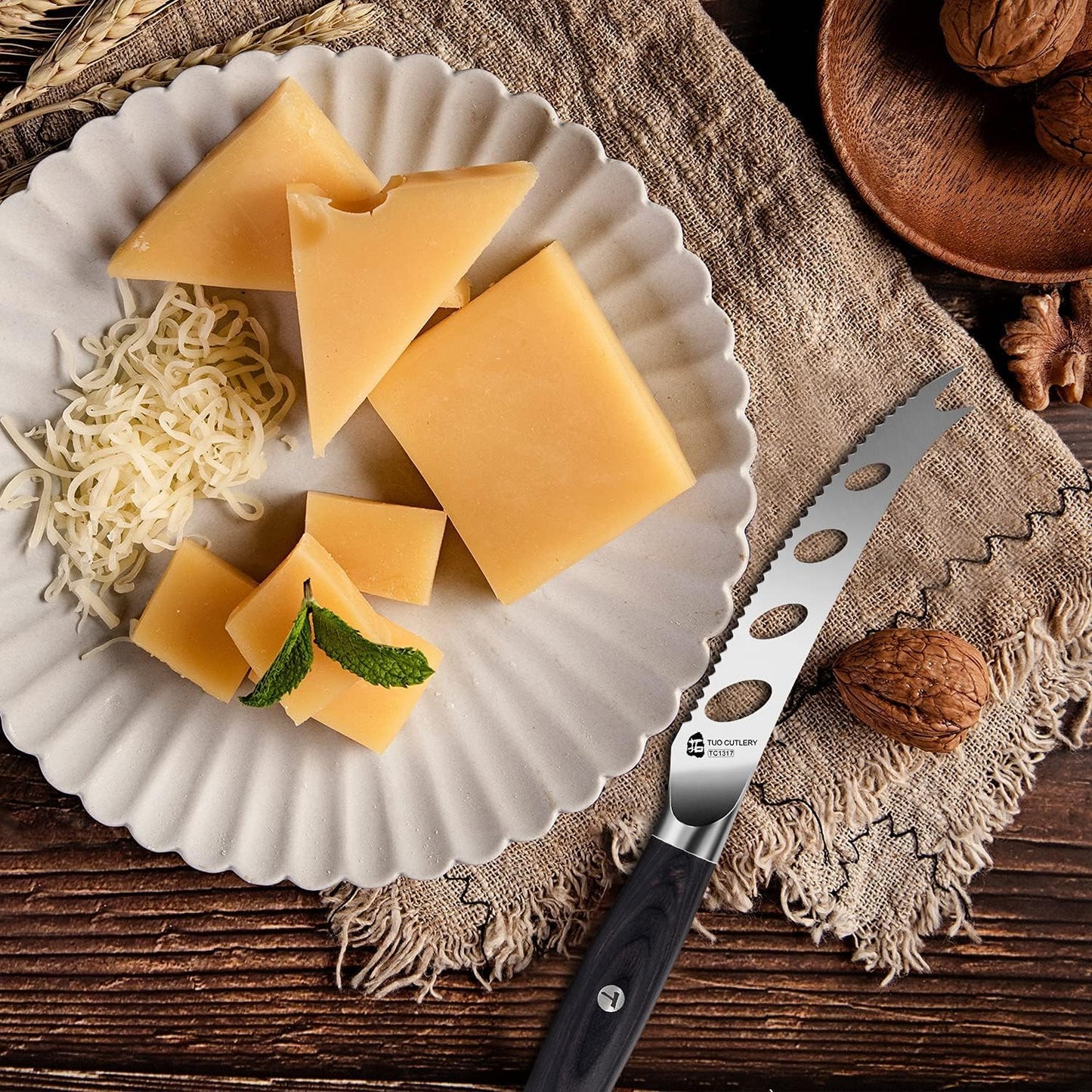 TUO Cheese Knife, 5" Cheese Knives Slicer for Block Cheese, Serrated Tomato Knife, Forked Tips & Non-Stick Blade, High Carbon German Steel, Ergonomic Pakkawood Handle with Gift Box, Falcon Series