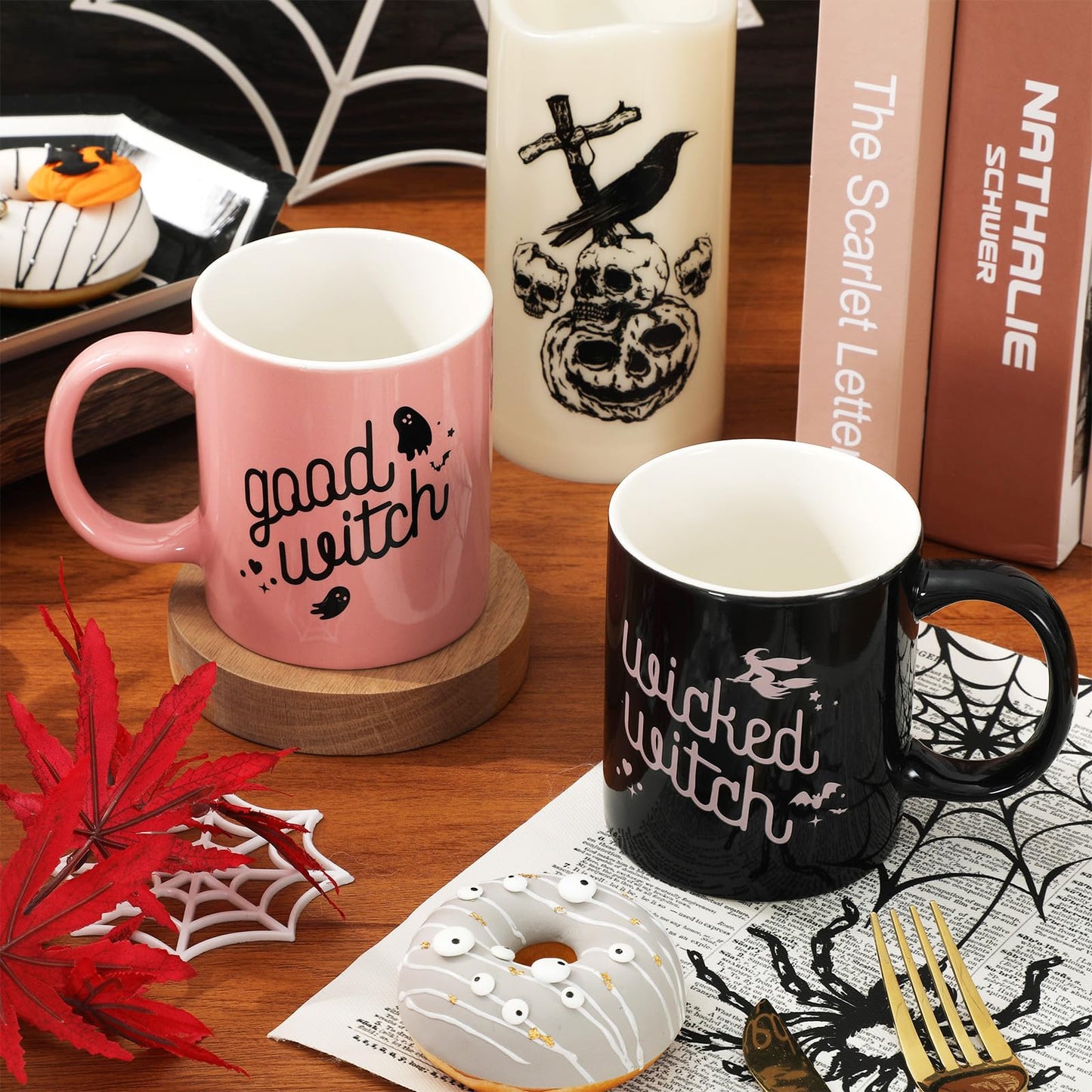 JarThenaAMCS 2Pcs Halloween Mugs Wicked Witch Coffee Mug Pink Black Ceramic Drinking Cup for Halloween Party Supplies Table Centerpieces, 12oz
