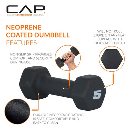 CAP Barbell 5 LB Neoprene Dumbbell Hand Weights - Pair | Black