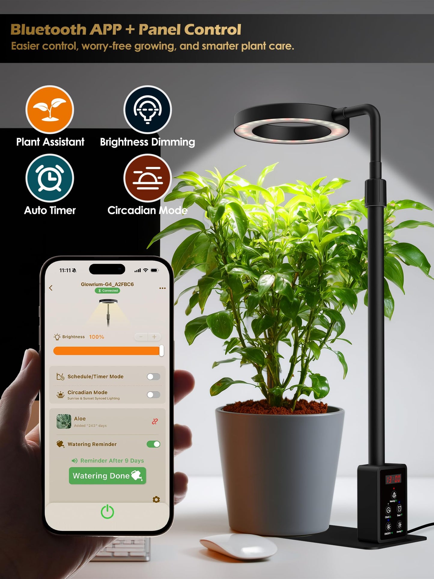 Smart Grow Lights for Indoor Plants, Plant Light with Auto-Timer, Full Spectrum LED Grow Light, Adjustable Height & Stepless Dimming,Plant Assistant Suitable for Most Plants (Black-1)